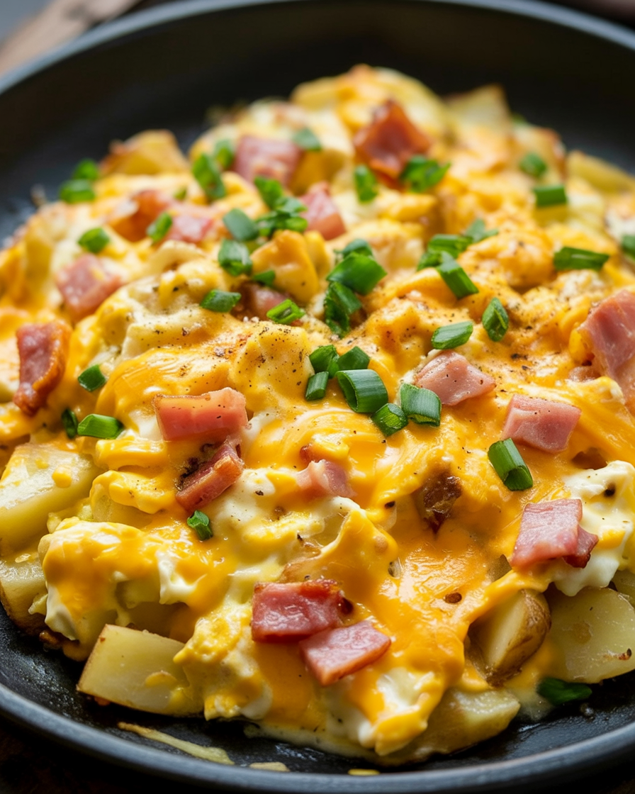 Cheesy Potato Egg Scramble Recipe: The Ultimate Easy Breakfast Skillet Everyone Loves If you are craving a cozy, filling breakfast that feels indulgent but is incredibly easy to make, this Cheesy Potato Egg Scramble Recipe is about to become your new go-to. It is warm, comforting, packed with flavor, and made with simple ingredients you probably already have in your kitchen. Whether you are cooking for a lazy weekend brunch, a quick weekday breakfast, or even breakfast-for-dinner, this recipe delivers every single time. Why You’ll Love This Cheesy Potato Egg Scramble This recipe checks all the right boxes. It is quick, budget-friendly, customizable, and incredibly satisfying. The crispy potatoes paired with soft scrambled eggs and melty cheese create the perfect texture combination. It is also a one-pan meal, which means fewer dishes and less cleanup. Plus, it is easy to scale up if you are feeding a crowd or meal prepping for the week. Serving Size and Time Breakdown Serving Size: Serves 2 to 3 people Prep Time: 10 minutes Cook Time: 20 minutes Total Time: 30 minutes Kitchen Equipment Required You do not need anything fancy to make this recipe. Just a few basic tools will do the job. Large non-stick skillet or cast iron pan Cutting board Sharp knife Mixing bowl Spatula Measuring cups and spoons Ingredients 2 cups diced potatoes (russet or Yukon gold work best) 1 tablespoon olive oil or butter 4 large eggs 1 cup shredded cheddar cheese (or cheese of choice) 1 small onion, diced 1 clove garlic, minced Salt, to taste Black pepper, to taste Optional additions: bell peppers, green onions, cooked bacon or sausage How to Make Cheesy Potato Egg Scramble Heat the olive oil or butter in a large skillet over medium heat. Add the diced potatoes and cook for 10 to 12 minutes, stirring occasionally, until they are golden brown and fork-tender. Add the diced onion and minced garlic to the skillet and cook for another 2 to 3 minutes until fragrant and softened. In a bowl, whisk the eggs with a pinch of salt and black pepper. Reduce the heat to medium-low and pour the eggs into the skillet with the potatoes. Gently stir until the eggs are just set but still soft. Sprinkle the shredded cheese over the top and allow it to melt. Remove from heat and serve immediately. Tips for Making the Best Potato Egg Scramble Cut the potatoes into small, even pieces so they cook evenly. If you are short on time, you can parboil the potatoes for a few minutes before pan-frying them. Always lower the heat before adding the eggs to avoid overcooking. Use freshly shredded cheese for the best melting and flavor. Common Mistakes to Avoid Avoid overcrowding the pan, as this can cause the potatoes to steam instead of crisp. Do not cook the eggs on high heat or they will become dry and rubbery. Skipping seasoning early can result in bland potatoes, so season as you cook. Variations and Substitutions You can easily customize this recipe to fit your preferences. Swap cheddar for mozzarella, pepper jack, or Swiss cheese. Add spinach, mushrooms, or tomatoes for extra veggies. For a protein boost, mix in cooked sausage, ham, or bacon. To make it dairy-free, use plant-based butter and dairy-free cheese alternatives. How to Store and Meal Prep Store leftovers in an airtight container in the refrigerator for up to 3 days. To reheat, warm gently in a skillet or microwave until heated through. This recipe is great for meal prep. Simply portion it out and pair with toast or fruit for an easy grab-and-go breakfast. Serving and Presentation Ideas Serve this cheesy potato egg scramble straight from the skillet for a rustic breakfast feel. Garnish with chopped green onions or fresh herbs. Pair it with toast, avocado slices, or a side of fresh fruit for a complete meal. It also works great wrapped in a tortilla as a breakfast burrito. Frequently Asked Questions Can I use frozen potatoes? Yes, frozen diced potatoes or hash browns work well. Just make sure to cook off any excess moisture. Can I make this recipe ahead of time? Yes, you can prepare it ahead and reheat it gently. The texture is best when freshly made, but leftovers still taste great. What is the best pan to use? A non-stick skillet or cast iron pan works best to prevent sticking and achieve crispy potatoes. Can I make this recipe healthier? Use less cheese, add more vegetables, and cook with olive oil instead of butter for a lighter version. Conclusion Cheesy Potato Egg Scramble